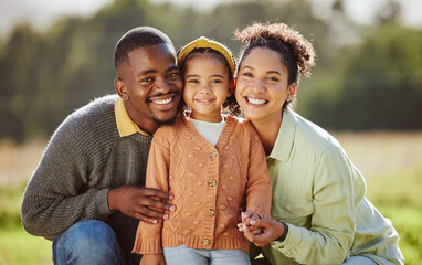 Black family, child and bonding in nature park, sustainability garden environment and countryside grass field in trust, love and support. Portrait, smile and happy black woman, man and girl in summer