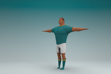 Fototapeta na wymiar An athlete wearing a green shirt and white pants. He is standing with arms outstretched. 3d rendering of cartoon character in acting.