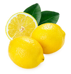 Lemon with leaf on a white background, With clipping path, Slice of lemon isolated on white background.