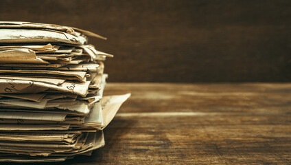 A stack of old letters on a wooden background in retro style. Vintage papers on the table. Very old...