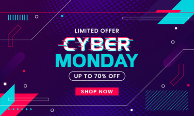 Cyber Monday Sale abstract background. For advertising poster or banner design with blue purple retro futuristic memphis style background