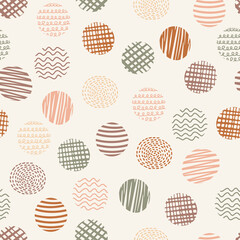 Hand drawn vector doodle circles seamless pattern. Abstract textured shapes print. Grunge artistic natural colors elements background. Ink scribble spots creative design elements for fabric, web, wrap