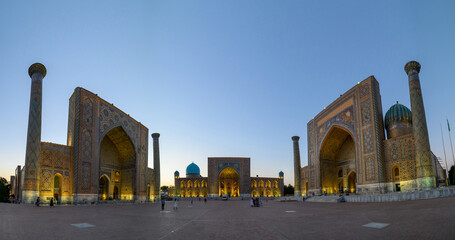 Uzbekistan, Samarkand, 06/17/2022. Islamic architecture in Samarkand on the Registan Square. Evening.