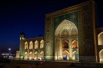 Uzbekistan, Samarkand, 06/17/2022. Islamic architecture in Samarkand on the Registan Square. Evening.
