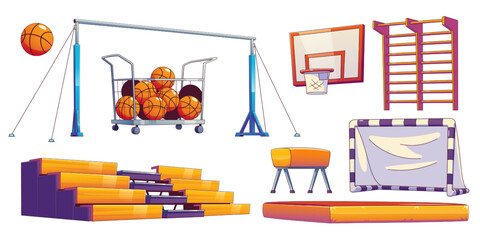 School gym, sport court equipment with basketballs balls in cart, basket on wall, soccer gate mat, bars, tribune and pommel horse isolated on white background, vector set in contemporary style