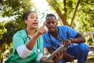 Veterinary, woman and intern working on digital tablet at a farm, planning and collaboration in the countryside. Vet, assistant and and online research for problem solving, management and animal care