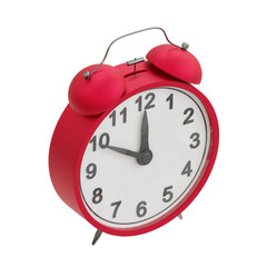Red alarm clock isolated on transparent background. 10 minutes to 12. 3d illustration. Isometric view	