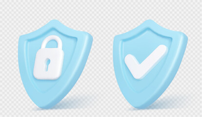 3d render shield with padlock and tick sign. Concept of privacy, good password, secure data protection, computer or phone access security, verification system Illustration in cartoon plastic style