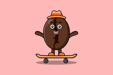 cute cartoon Coffee beans standing on skateboard with cartoon vector illustration style