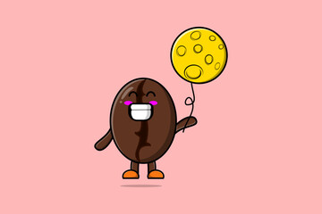 Cute cartoon Coffee beans floating with moon balloon cartoon vector illustration 