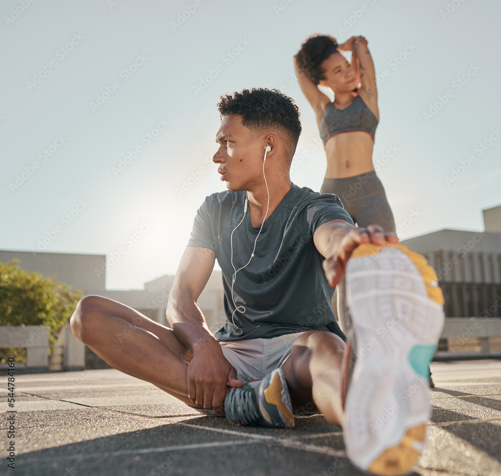 Poster Fitness, couple and stretching in the city for exercise, workout or healthy cardio training warm up in the outdoors. Man and woman in morning stretch together in a urban town for health and wellness