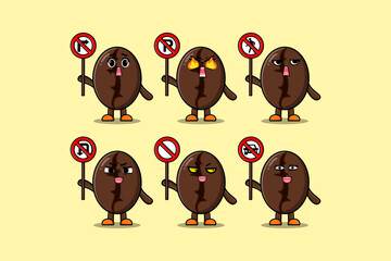 Cute Coffee beans cartoon character holding traffic sign illustration in modern 3d style design