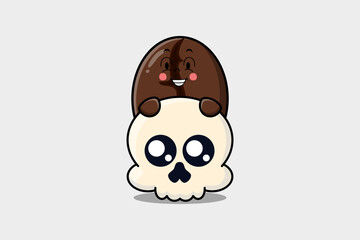 Cute Coffee beans cartoon character hiding in skull illustration in flat modern design