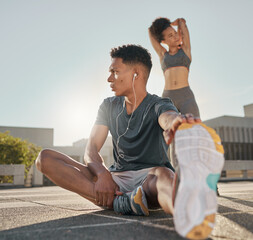 Fitness, couple and stretching in the city for exercise, workout or healthy cardio training warm up...