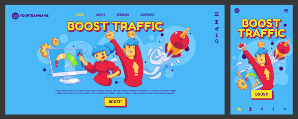 Boost traffic landing page, app ui ux onboard screen. Business and social media concept with contemporary characters team working together to optimize internet connection speed Linear vector templates