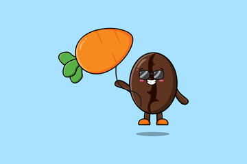 Cute cartoon Coffee beans floating with carrot balloon in flat cartoon vector icon illustration