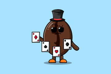Cute cartoon Coffee beans magician character playing magic cards in flat cartoon style illustration