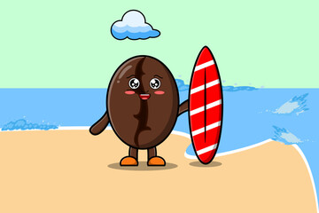 Cute cartoon Coffee beans character playing surfing with surfing board