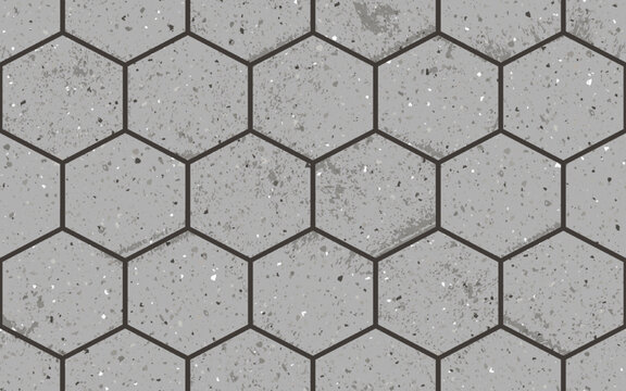 Seamless pattern of pavement with hexagon textured concrete bricks. Vector pathway texture top view. Outdoor concrete slab sidewalk. Cobblestone footpath or patio. Block floor