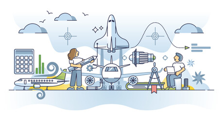 Naklejka premium Aerospace engineering with aviation knowledge specialty outline concept. Technical education for airplane, space shuttle or jet turbines performance vector illustration. Mechanical work occupation.