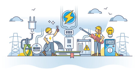 Electrical engineer occupation with high voltage specialty outline concept. Profession with electricity knowledge, development and technical systems vector illustration. Learning power industry.