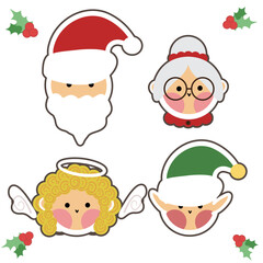 Cute christmas cartoon characters have santa claus, Mrs. Santa Claus, angel and elf. Christmas illustration decorated on white background. Cute style design for cards, posters, all