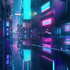 3D Rendering of neon mega city with light reflection from puddles on street heading toward buildings. Concept for night life, business district center (CBD)Cyber punk theme, tech background