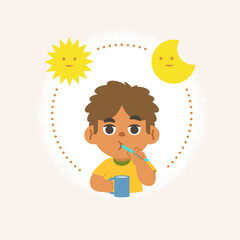 a black boy cleaning teeth with toothbrush by brushing teeth with circle and sun and moon, meaning is daily routine daytime and nighttime brushing teeth. illustration cartoon character vector design.