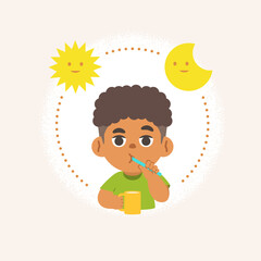 a black boy V.2 cleaning teeth with toothbrush by brushing teeth with circle and sun and moon, meaning is daily routine daytime and nighttime brushing teeth. illustration cartoon character vector.