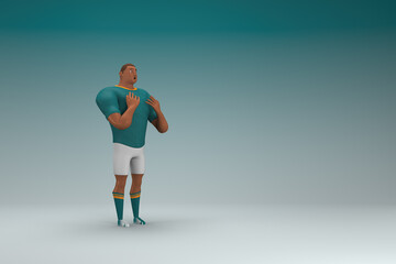 Fototapeta premium An athlete wearing a green shirt and white pants is expression of hand when talking. 3d rendering of cartoon character in acting.