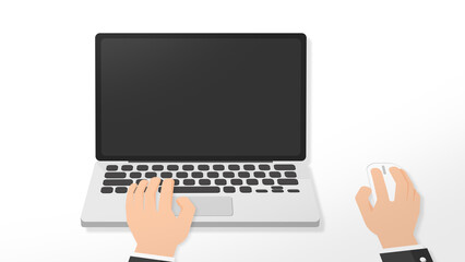 Graphic Businessman working on laptop keyboard pushing keys click mouse on desk. black background on the screen. Office desk concept. Flat style