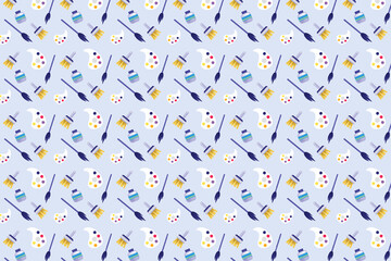 Artistic pattern decoration on a white background for book covers and backdrops. Repeating art pattern decoration with paint brushes, paint boards, and other elements. Education pattern vector design.