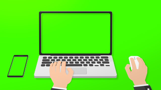 Graphic Businessman working on laptop  keyboard pushing keys click mouse and phone on desk. on green screen. Office desk concept. on green screen