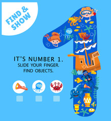 Learn the numbers from 1 to 9. Puzzle game for children. Find the objects. Activity, vector illustration. Cute characters in cartoon style. Vector illustration. 