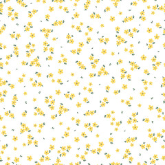 Cute floral pattern. Seamless vector texture. An elegant template for fashionable prints. Print with small yellow flowers, green leaves. white background.