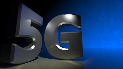 Metallic silver 5G LTE title under reflective dark blue lighting background. Technology sign. 3D illustration.