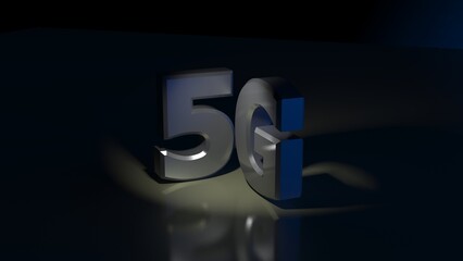 Metallic silver 5G LTE title under reflective dark blue lighting background. Technology sign. 3D illustration.