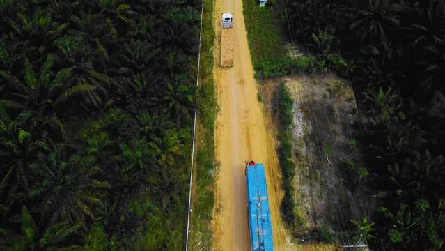 Cinematic Drone Footage of Onshore Drilling Rig equipment structure for oil exploration and exploitation in the middle of jungle surrounded by palm oil trees during sunset and high oil price.