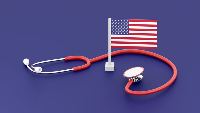 US flag and medical stethoscope. Medical insurance. Time to choose insurance. 3d illustration