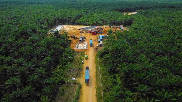 Cinematic Drone Footage of Onshore Drilling Rig equipment structure for oil exploration and exploitation in the middle of jungle surrounded by palm oil trees during sunset and high oil price.