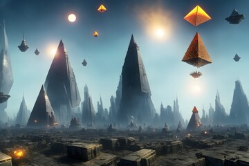 Futurisctic city with flying piramids 3d render 3d illustration