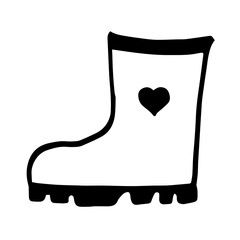 Rubber boot with heart isolated on a white background. Shoes for walking in puddles. Water resistant boot. Boots of a gardener to work in the garden. vector illustration in the Doodle style