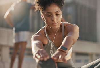 Music, headphones and black woman stretching for fitness warm up, cardio exercise and training for...