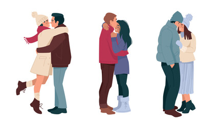 Naklejka premium Loving couple in winter clothes. Hugs, romance, meeting lovers. Man and woman are kissing. Vector image.