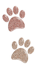 Rose gold metallic glitter textured animal paw prints  with sparkling particles for embellishment. Isolated stationary element for a wide range of projects or for social media stories.
