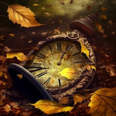 Old Forgotten Clock Outside in the Fall Autumn Leaves | Time Zone Time Change Daylight Savings Time Concept Art | Created Using Midjourney and Photoshop