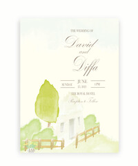 vintage wedding invitation with scenery theme and watercolor elements