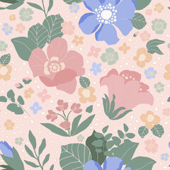 Vector floral background with hand drawn pastel colored flowers, leaves and branches . Lush foliage and blossom illustration. Spring or summer romantic design background.