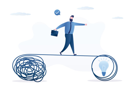 Businessman man walks on tightrope balancing and trying to untie the tangled chaos ropes tied with search new ideas. Brainstorming, question and answer, solving problem or business solution.