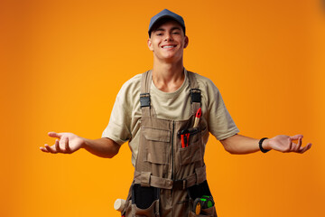 Young construction worker in uniform posing on yellow background in studio